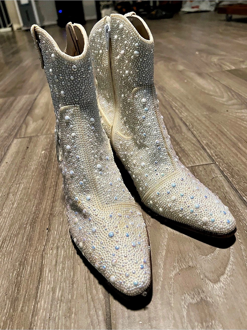 Betsey Johnson SB-Diva White Pearl Pointed-Toe Ankle Boots